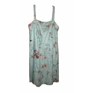 Womens 100% Linen Dress Cottage-core Watercolor Floral Green Pink‎ Sleeveless 8P